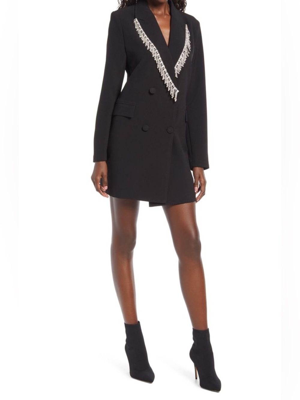 4th and Reckless Black Blazer Zadie Dress with Silver Rhinestone Fringe Trim